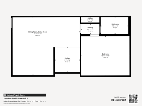 Floor plan for a property with a living room, dining room, kitchen, hallway, and bathroom.